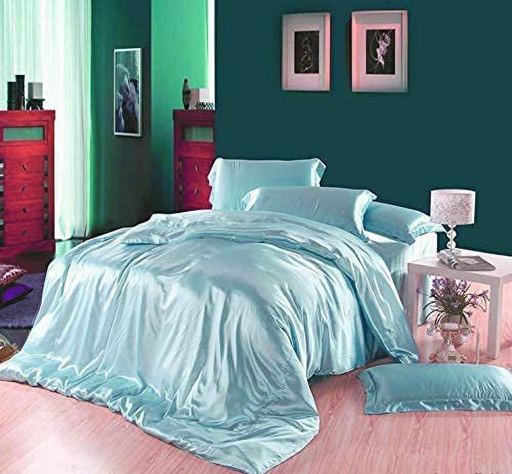 Vuvet Bedding 100% Pure Silk Satin Sheet 7pcs,Silk Fitted Sheet 15''Deep Pocket,Silk Flat Sheet,Silk Duvet Cover & Pillowcases |Wrinkle Free|Cal-King,Sky Blue