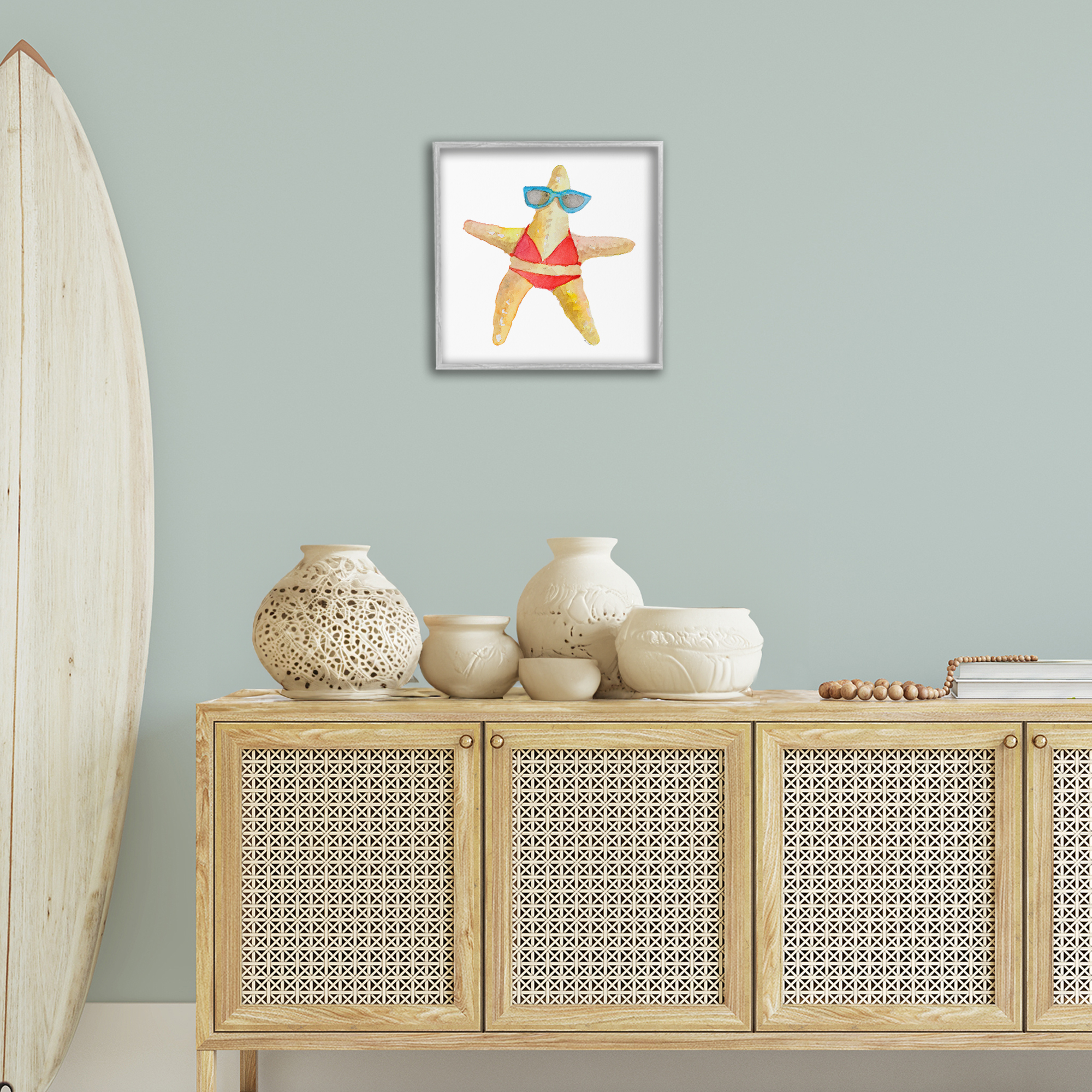 Stupell Industries Fun Swimsuit Starfish Novelty Painting Gray Framed Art Print Wall Art, 17 x 17