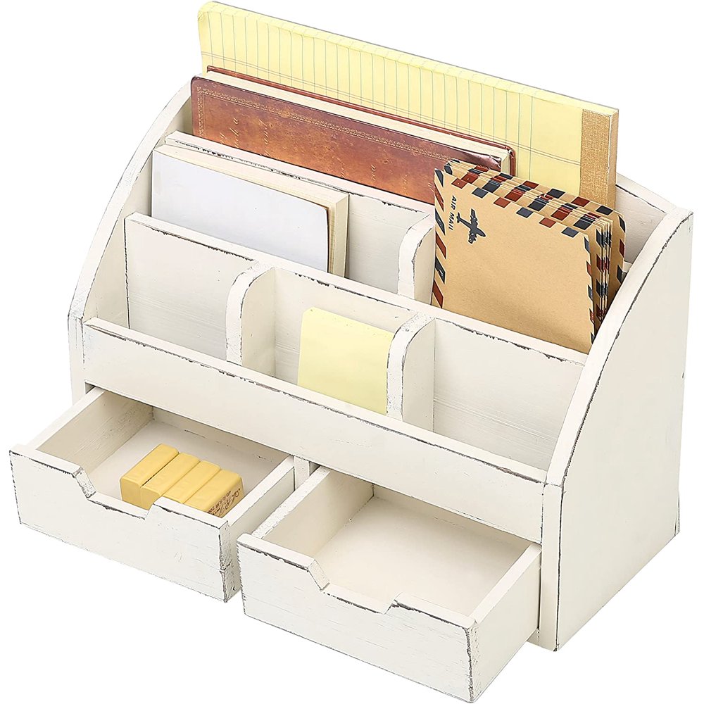 MyGift Vintage White Wood Desk Organizer with Drawer