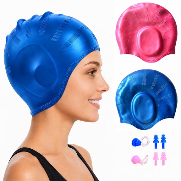 HKMY 2pcs Silicone Swim Cap with Ear Protection for Adults Women Men with Ear Plugs&Nose Clip(Blue/Pink)