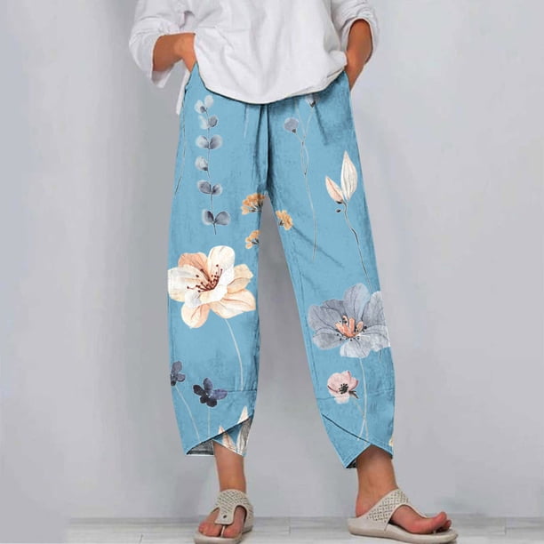 ICHUANYI Clearance Women's Casual Pocket Slim High Elastic Waist Print Sports Cotton And Linen Pants(Light Blue, S) ICHUANYI WER2023081115811
