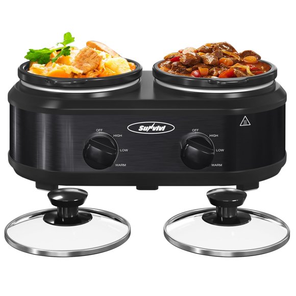 SUNVIVIPRO 2 * 1.25 cuartos de galón Olla de cocción lenta doble, servidor de buffet y calentador con 2 ollas de cerámica extraíbles, 3 configuraciones de temperatura ajustables y 2 tapas de vidrio vi