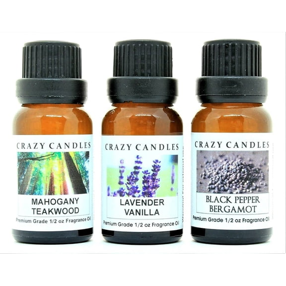 Crazy Candles 3 Bottles Set, 1 Lavender Vanilla, 1 Mahogany Teakwood, 1 Black Pepper Bergamot 1/2 fl oz Each (15ml) Premium Grade Scented Fragrance Oils