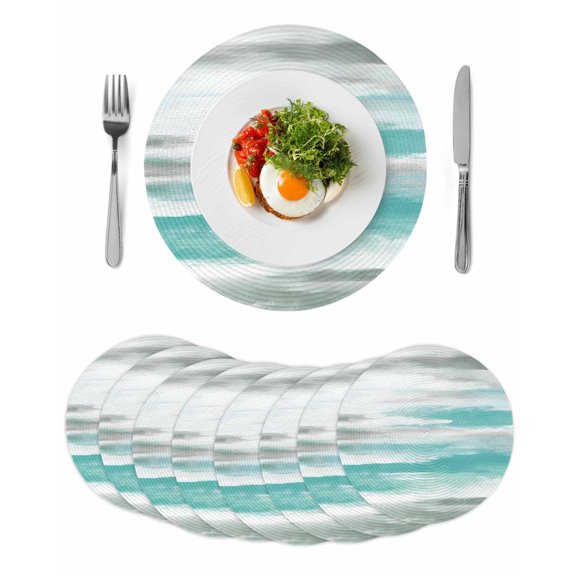Turquoise Gray White Round 13 Inch Placemats Set of 8, Country Abstract Ombre Mottled HeatResistant Non Slip Place Mats for Dining Table, Wipeable Braided Kitchen Table Mats for Housewarming