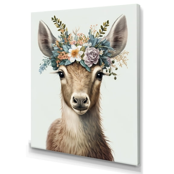 Designart Cute Baby Goat With Floral Crown Canvas Wall Art