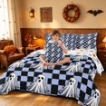 thumbnail image 3 of Homewish Halloween Ghost Queen Bedding, Grid Plaid Bedding Comforter Set Queen, Light Blue Black, Pumpkin Bat Reversible 7-Piece, 3 of 7