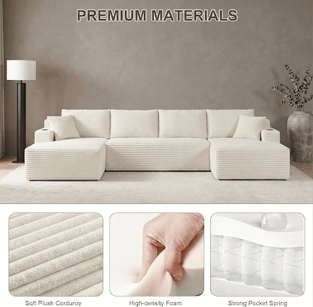EPOWP 133" Modular Cloud Couch Sectional Sofa, U-Shaped Oversized Sofa with Chaise, Boneless Deep Seat Corduroy Couch with Memory Foam, Cup Holders & Side Pockets, No Assembly Required，Beige