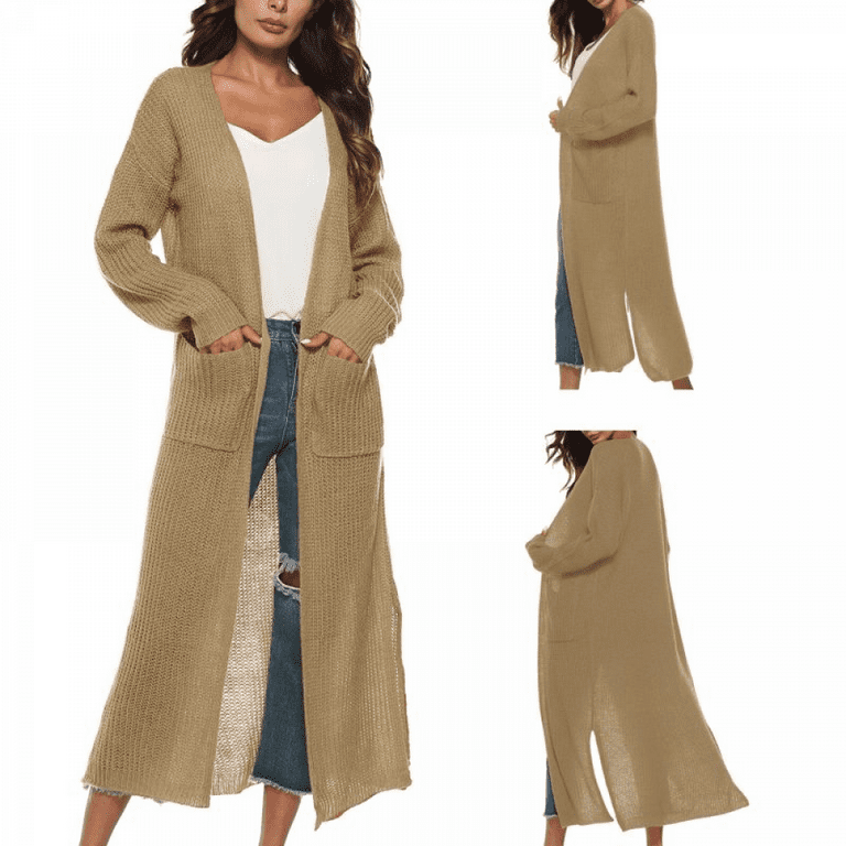 Women Floor Length Open Front Drape Cardigan Lightweight Long Sleeve Maxi  Duster with Pockets,Thin Cable Knit Long Sweater Coats Outerwear  Lightweight Duster Sweater,S-2XL Brown 