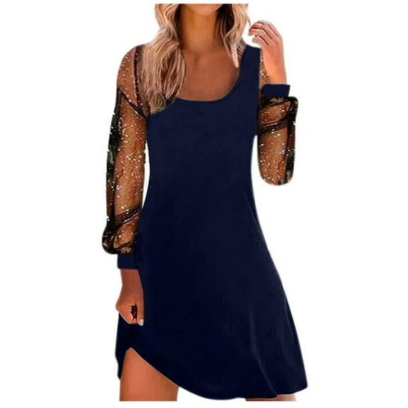 Babysbule Summer Women Dresses Women Long Sleeve Lace Stitching Square Neck Slim Above Knee Elegant Ladies Little Black Party Club Dress
