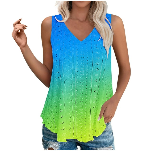 Plebaso Womens Tank Tops V Neck Gradient Lightweight Eyelet Shirts Flowy Loose Summer Sleeveless Blouses