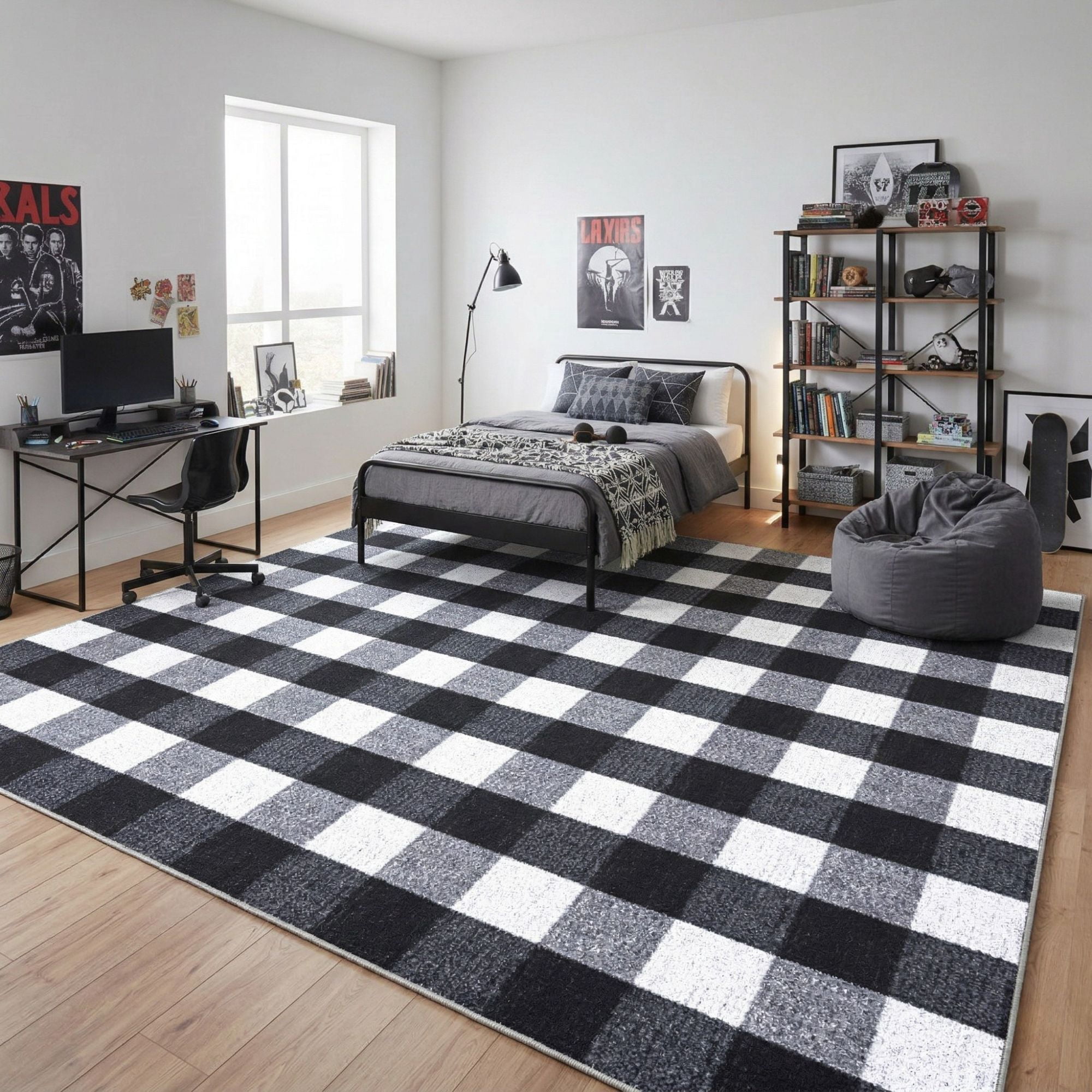 Ottomanson Living Room Area Rug 7'10" x 9' – Non-Slip Low Pile Carpet for Bedroom & Office, Buffalo Plaid Black/White