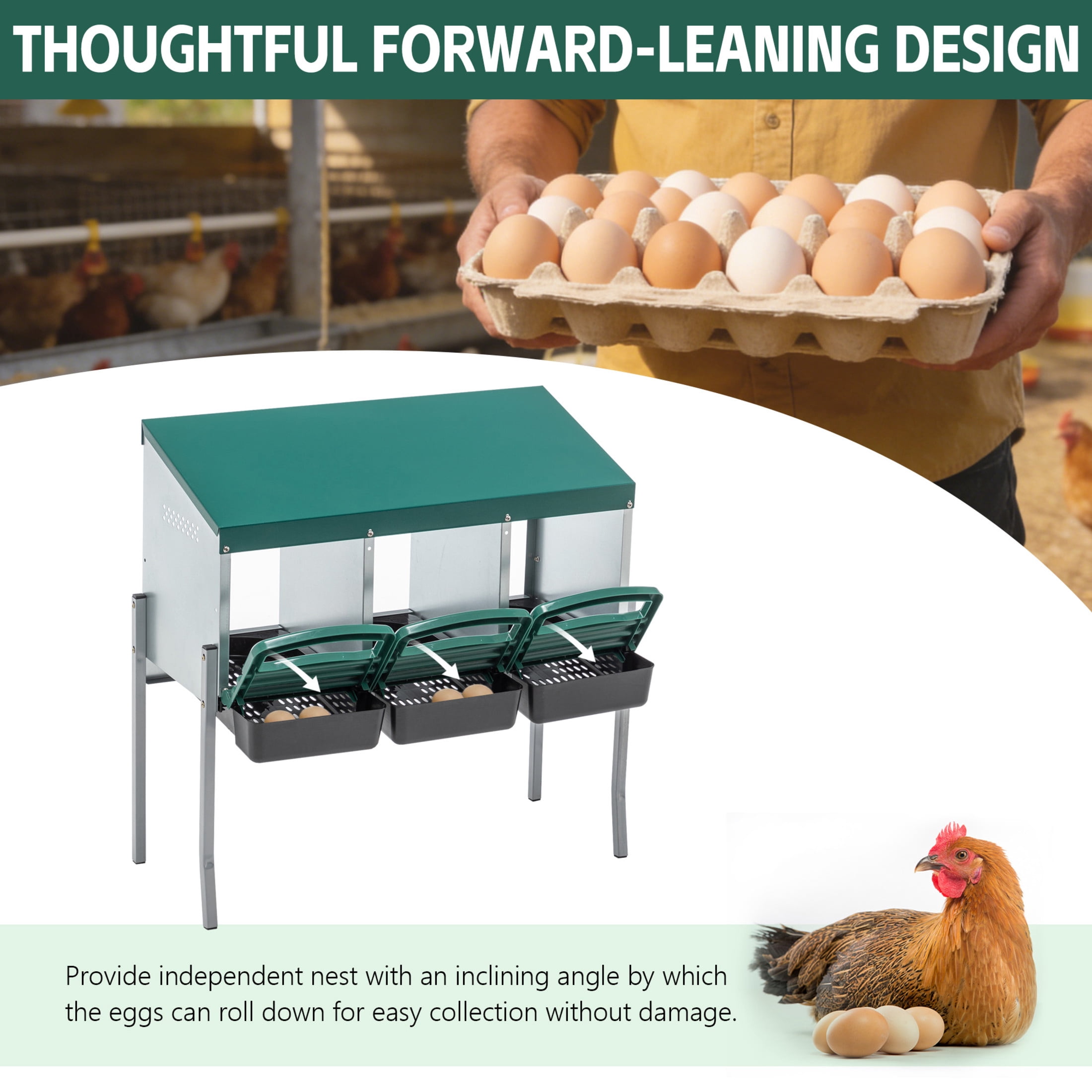 Noble House 3-Hole Outdoor Steel Chicken Nesting Box with Legs and Egg Collection Tray, Hens Laying Box, Green