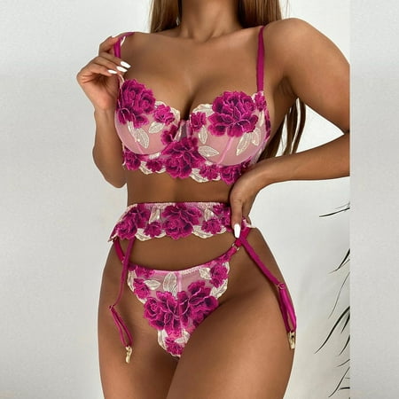 

Juebong Women s Underwear Deals Clearance Under $10 Women s Sexy Sling Embroidery Mesh Carved Three-point Bikini Two-Piece Set Sexy Lingerie Hot Pink S