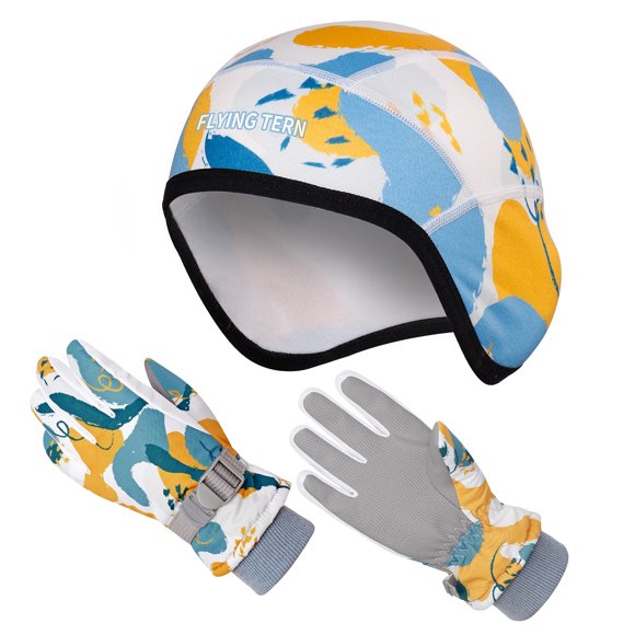 FLYING TERN Warm Thick Printed Children's Ski Gloves Set with Hat - Magical Elf Design, Five-Finger Style, Size S