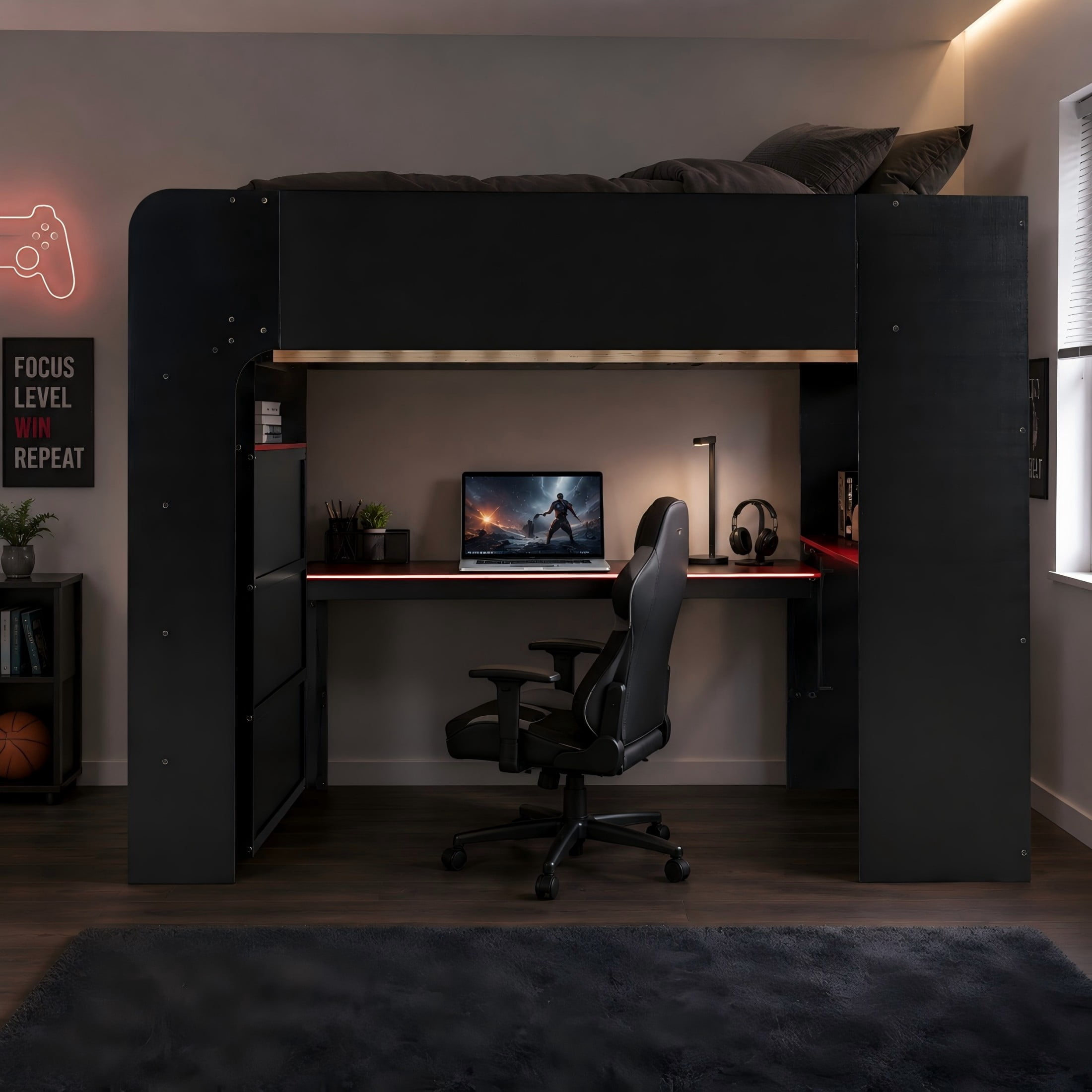 Aukfa Full Size Loft Bed with Desk, Wardrobe, USB Port and RGB Lights, Wood Gaming Loft Bed for Kids Teens Adults, Red