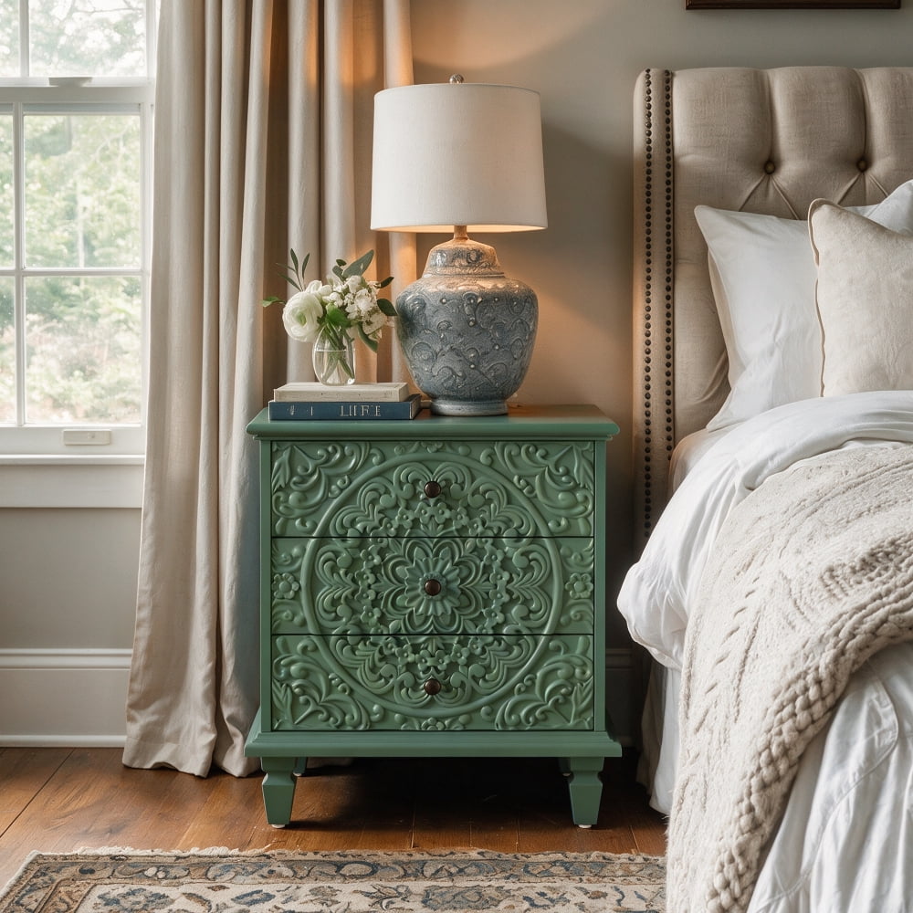 Carved Wood Nightstand with 3 Drawers – Vintage Scrollwork Embossed Accent Chest Farmhouse Storage Cabinet Side End Table for Bedroom or Living Room Green