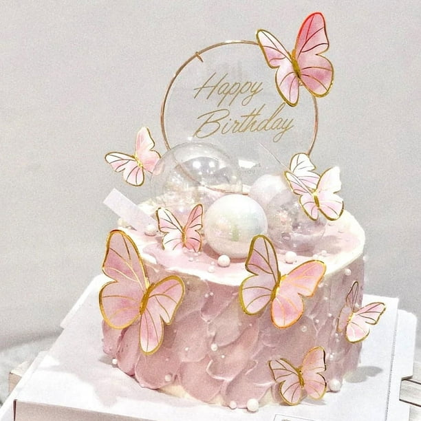 Topper de pastel de mariposa rosa, topper de pastel de mariposa para cupcakes de feliz cumpleaños, topper de pastel de cumpleaños de niñas y mujeres