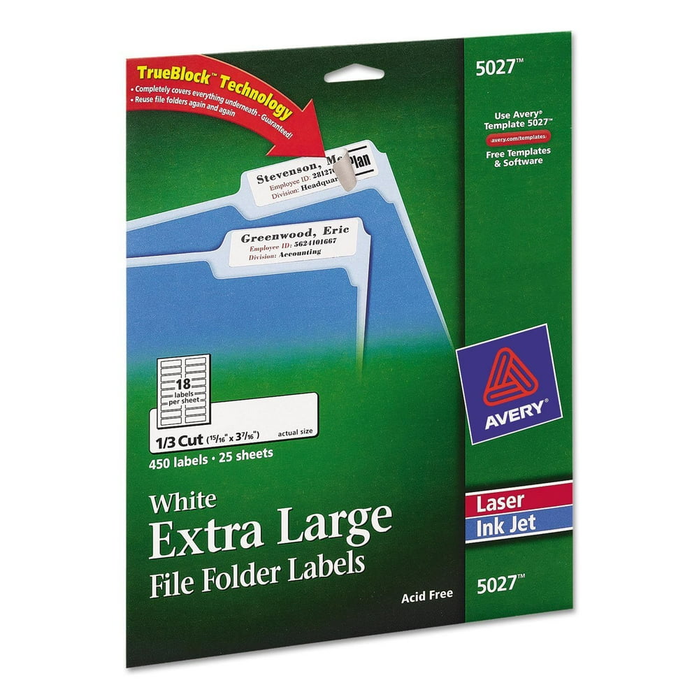 Avery 5027 Extra Large 1/3 Cut TrueBlock File Folder Labels, Walmart