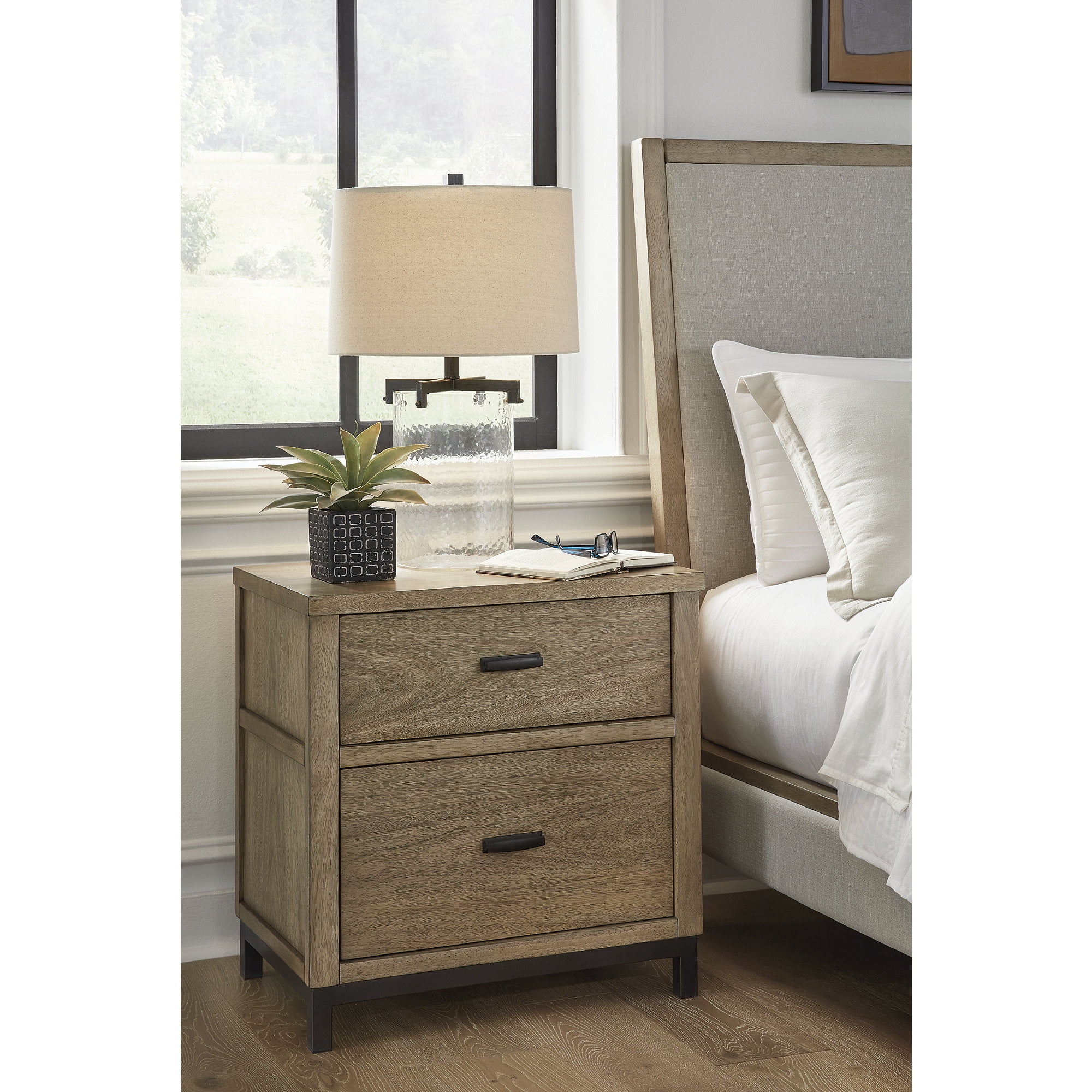Signature Design by Ashley Tomtyn Modern Nightstand with USB Charging - 2 Drawers with Metal Legs - Light Brown