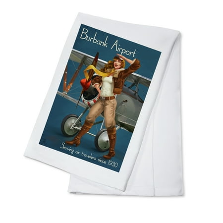 Burbank Airport, California - Aviator Pinup Girl - Lantern Press Artwork (100% Cotton Kitchen Towel)