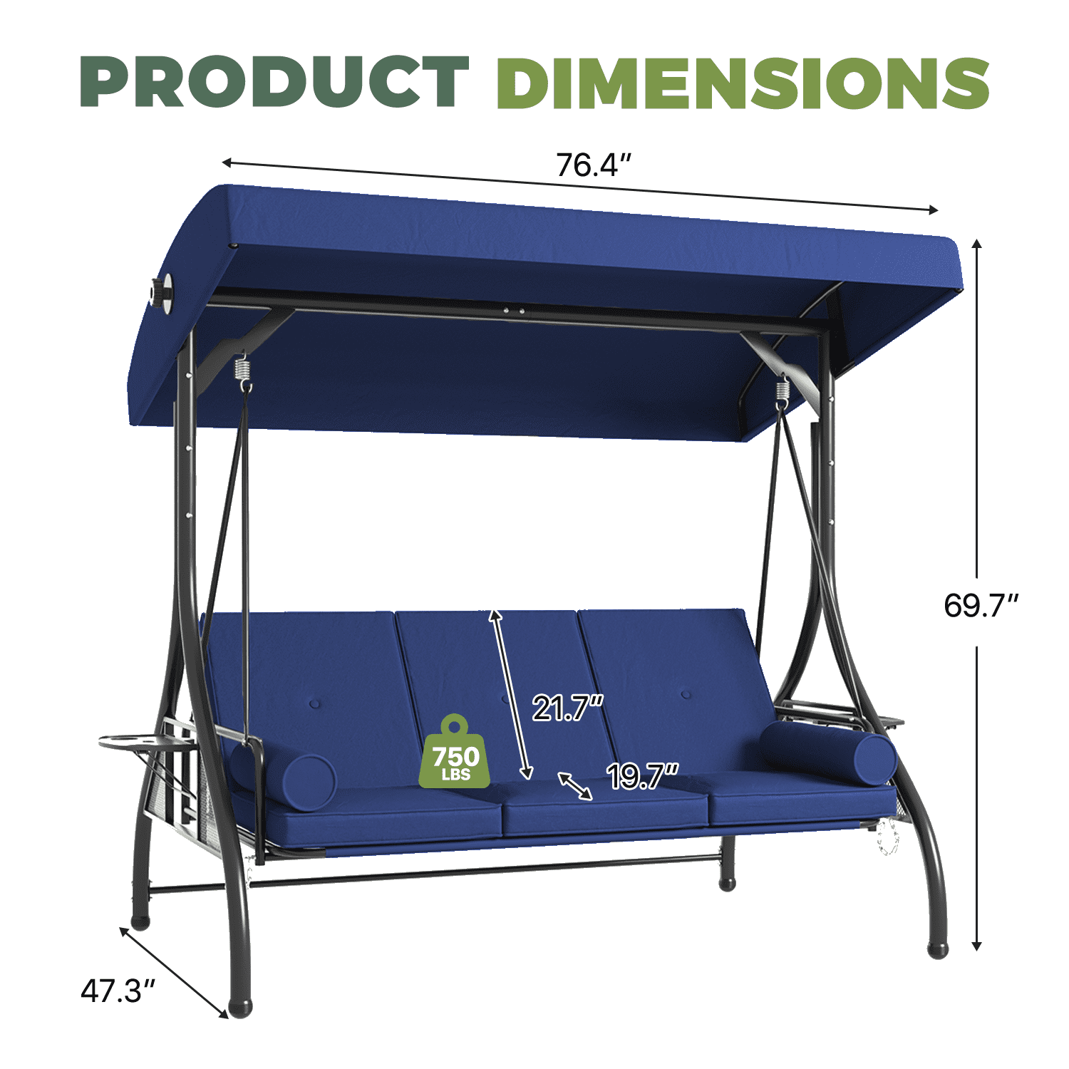 BaPiPro 3-Seat Metal Patio Swing with Adjustable Canopy, Cushions, Foldable Side Table, 2-in-1 Design for Patio, Garden, Porch, Blue