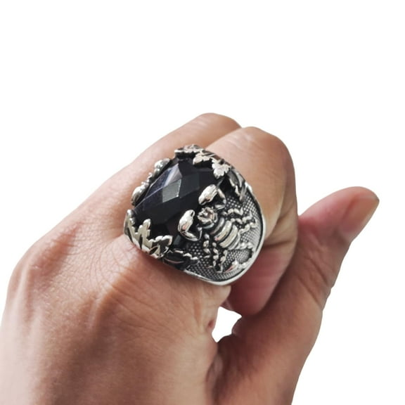 Black Onyx Mans Ring, Natural Black Onyx, December Birthstone, Scorpion, 925 Silver Ring, Birthday Gift, Heavy Mens Ring, Arabic Design, Ottoman Style Ring, Christmas, Turkey Mens Signet Ring