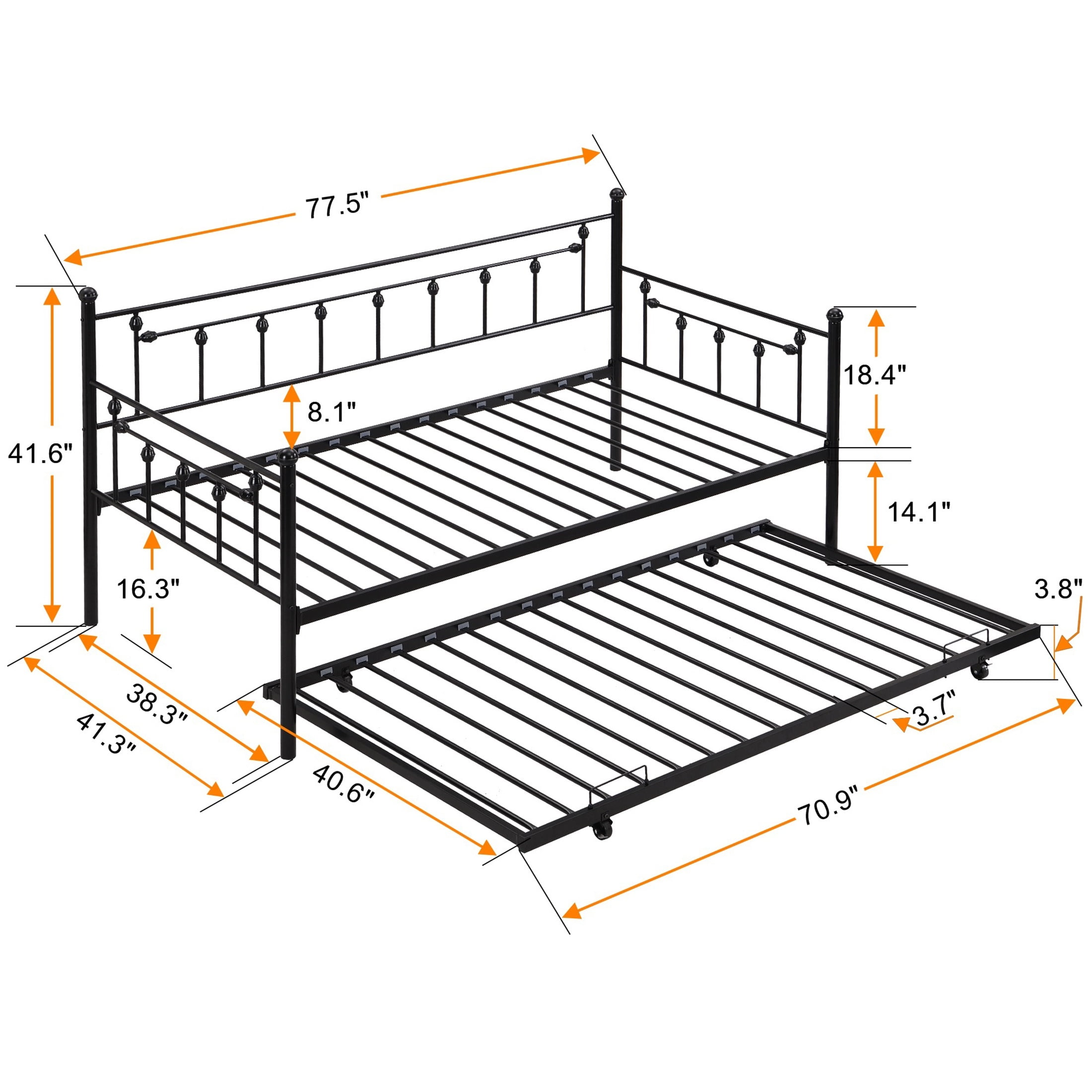 PORKISS Daybed with Trundle Bed, Twin Bed Frame, Metal Sofa Bed with Strong Supports for Living Room, Bedroom, and Guest Room, Black#2