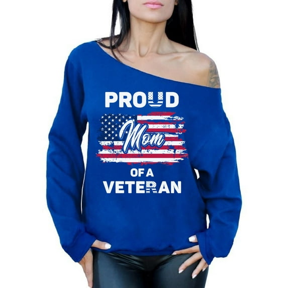 Awkward Styles Proud Mom of a Veteran Off Shoulder Sweatshirt Gifts for Mom Retro Flag Mom Off Shoulder Sweater Proud Mom Patriotic USA Sweater for Mom 4th of July Gifts Veteran Mom Sweatshirt