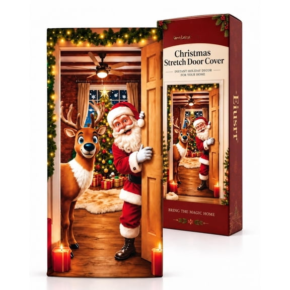 Christmas Door Cover - Stretch Fit Santa & Reindeer Door Decoration