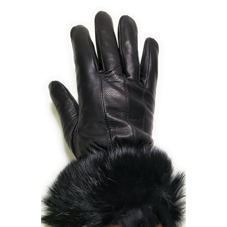 Texcyngoods Adult Womens Black Leather Gloves with Faux Fur Trim