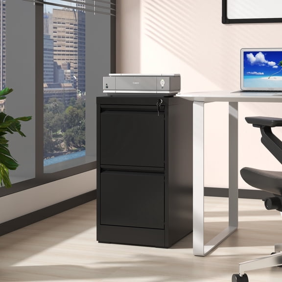 2 Drawer Vertical File Cabinet Black Metal Filing Cabinet with Lock Anti-Tilt Safety Design Smooth Ball-Bearing Drawers for Letter Legal A4 Document Storage Home Office