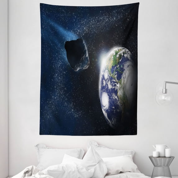 Galaxy Tapestry, Attack of the Asteroid Rocky Dark Body Comet on Planet Earth Meteor Shower Print, Wall Hanging for Bedroom Living Room Dorm Decor, 60W X 80L Inches, Dark Blue Grey, by Ambesonne