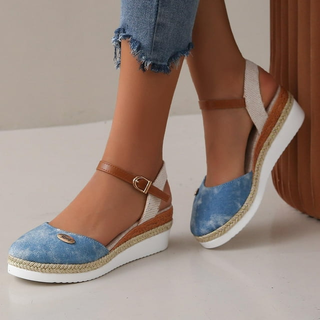 Cameland Women's Large-size Matching Color Bun Back Empty Wedge Heels Lightweight Strap Platform Sandals