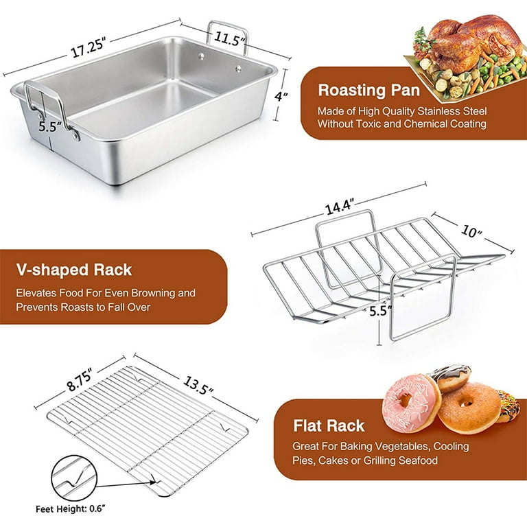 Roasting Pan, 15 Inch Large Turkey Roaster Lasagna Pan with V Rack &  Cooling Rac