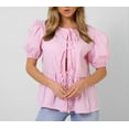 thumbnail image 6 of Women Bow Tie Front Shirt Top Cute Puff Sleeve Y2K Peplum Ruffle Babydoll Blouse Lace Up Summer Going Out, 6 of 7