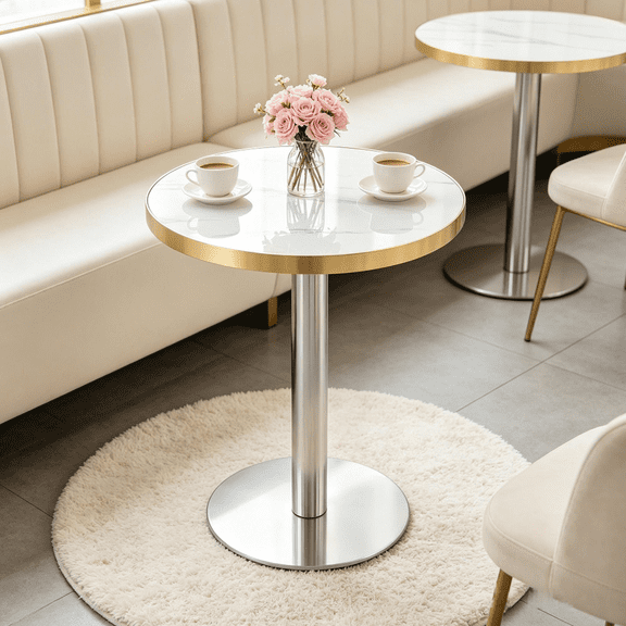 Minimalist Round Bistro Table, 23.6" Faux White Marble Cafe Table with Silver Stainless Steel Base & Edge Banding, High-Gloss Corner Accent Dining Table for Small Spaces Office Salon