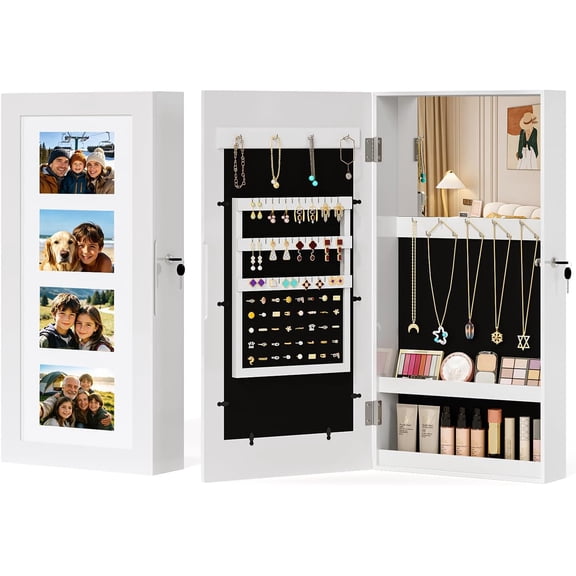 TerraOutfit Jewelry Armoire with Photo Frame, 23.62 x 11.81 x 3.55 inch, Small Storage Jewelry Cabinet Organizer, Wall Mount (White)，Chic Bedroom Furniture & Gift for Women