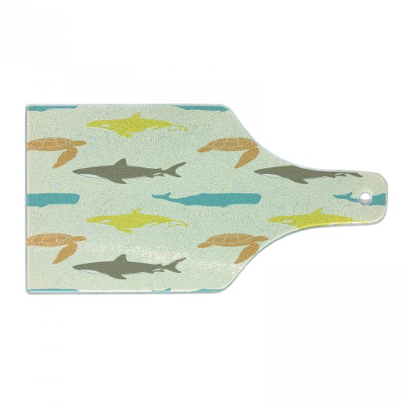 Animal Cutting Board, Pattern with Whale Shark and Turtle Aquarium Doodle Style Marine Life, Decorative Tempered Glass Cutting and Serving Board, Wine Bottle Shape, Ivory Taupe Peach, by Ambesonne