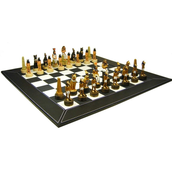 Egyptian Anubis Gold  Buff Chess Set with 18" Black  White Faux Leather Board