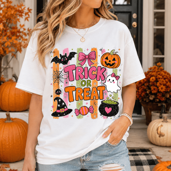 Trick Or Treat Halloween T-Shirt, Cute Ghost Pumpkin Graphic Tee, Coquette Spooky Season Shirt, Pink Halloween Candy Apparel Gift for Her - White, S