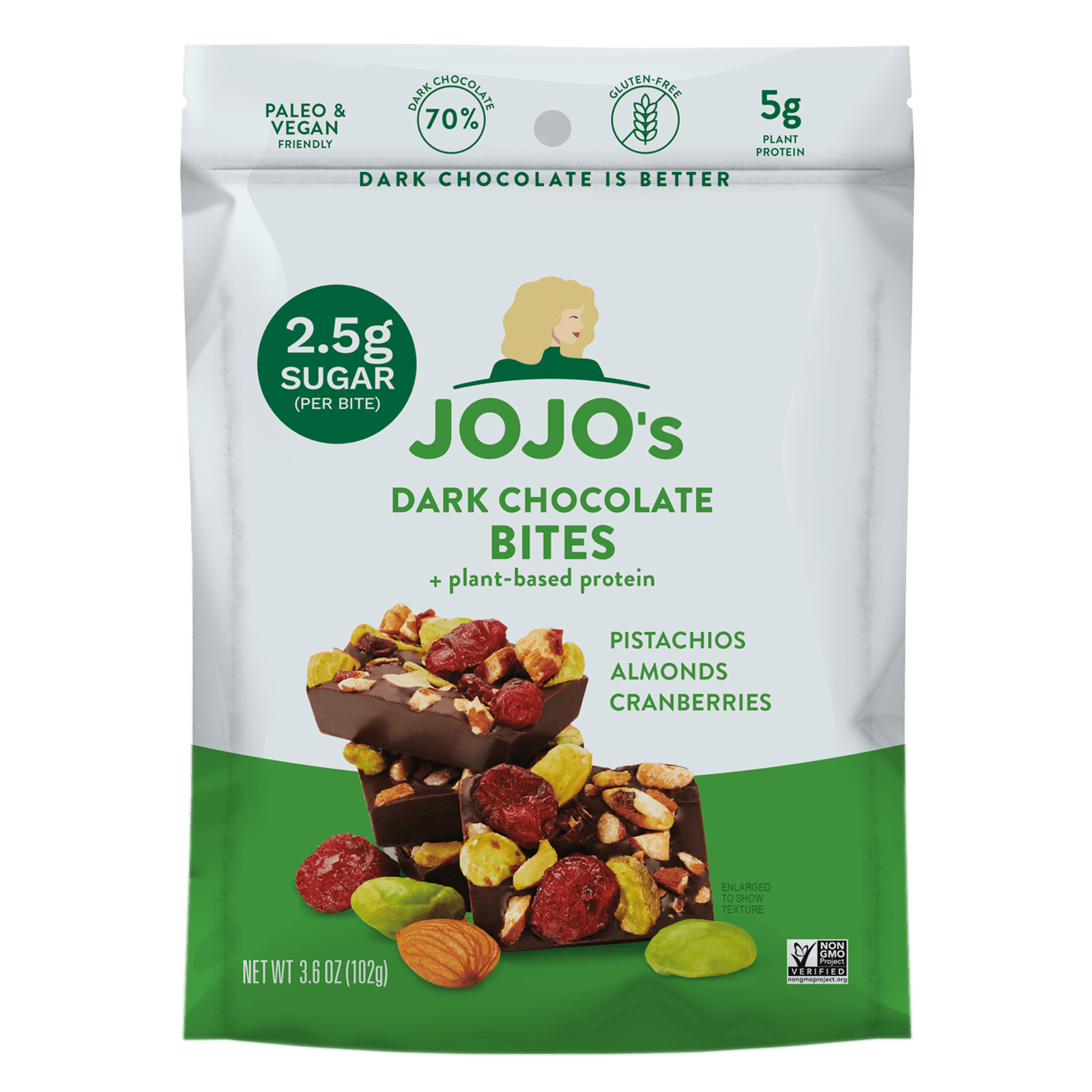 Jojo's Guilt Free Dark Chocolate Pistachio Almond Cranberry Bites, 3.9 oz