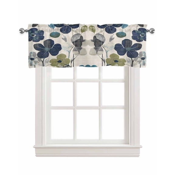 Navy Blue Green Floral Kitchen Valances for Windows Farmhouse Linen Window Valance Curtain for Living Room Window Treatment Vintage Botanical Leaves Valance Rod Pocket Topper Drape, 42 x 18 Inch