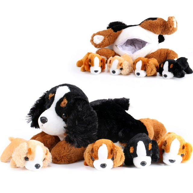 Perro Skylety de peluche con bebés en su interior, 1 mamá grande con 4 bebés pequeños