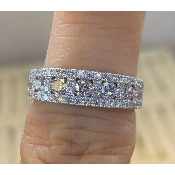 14K White Gold Plated Silver 3Ct Round Cut Natural Moissanite Half Eternity Engagement, Wedding Band