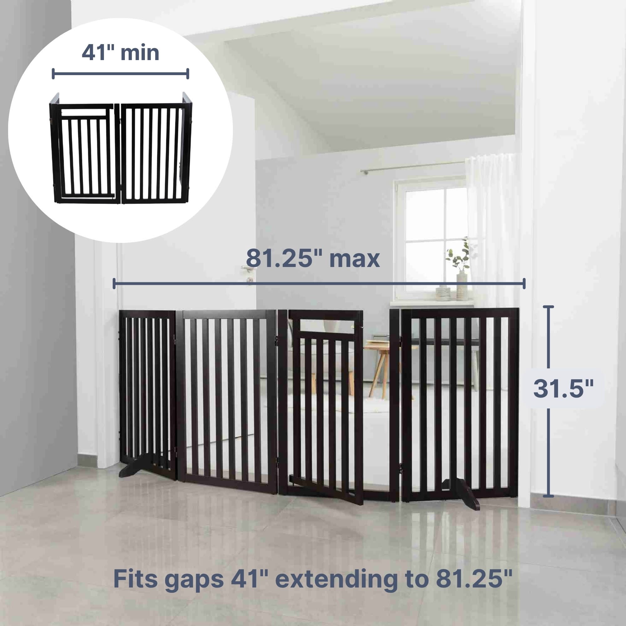 TRIXIE 4-Panel Foldable Wood Freestanding Pet Gate, Walk Thru Door, Expands to 81.2", Brown