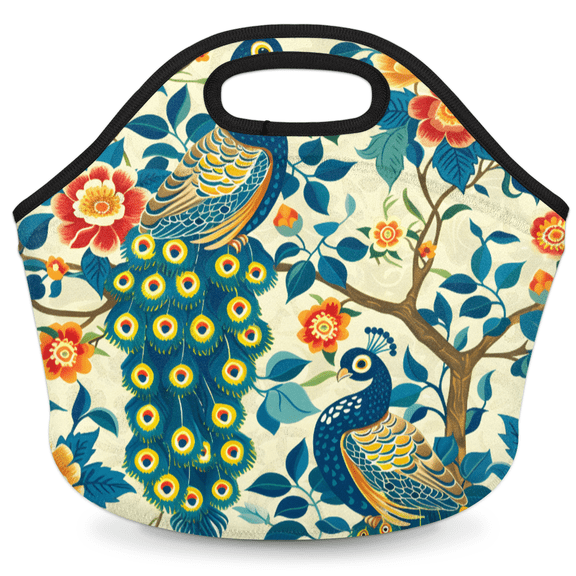 Herdesigns Peacock Neoprene Lunch Bag, Peacock Flower Insulated Lunch Box for Women Men Washable Lunch Tote Soft Lunch Container With Zipper for Work Picnic Travel