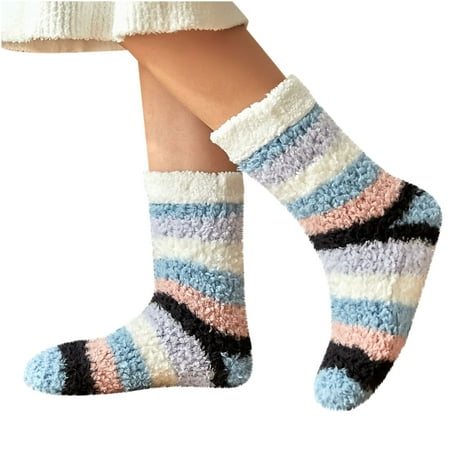 

Gzztg Socks for Women Woman s Girls Winter Stripe Printing Thicken Warm Non-Slip Combed Tube Socks Floor Middle Sox
