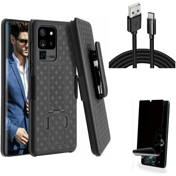 Privacy Screen Protector w 10ft USB Cable w Case Belt Clip for Samsung Galaxy S20 Ultra - TPU Film [NOT GLASS] [Fingerprint Works], Type-C Charger Cord Power, Holster Swivel fits Galaxy S20 Ultra