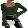 thumbnail image 2 of Women Solid Color Ribbed Square Neck Lettuce Hem Show Navel T-Shirts Spring Autumn Flare Long Sleeve Slim Crop Tops Black M, 2 of 6