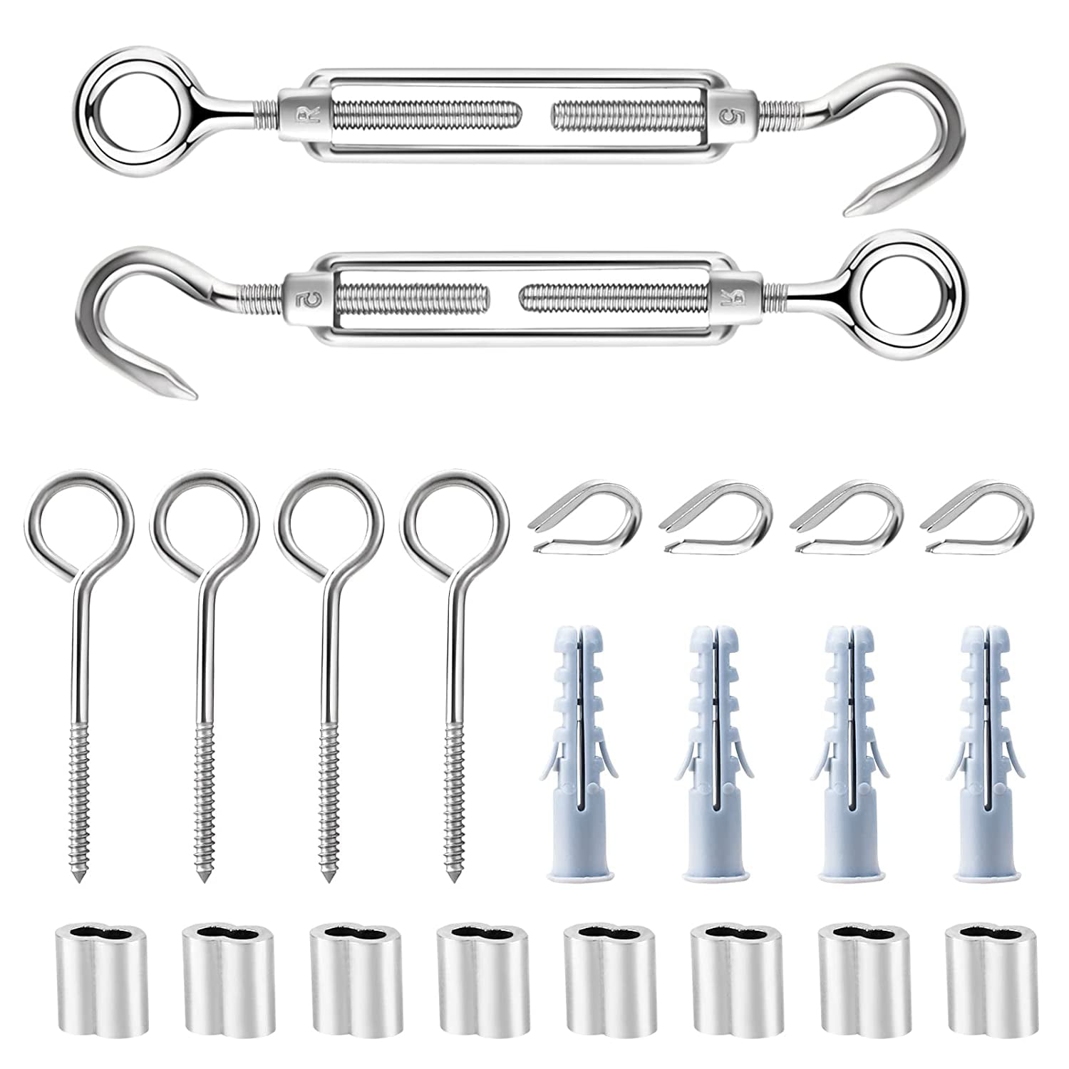 TooTaci Stainless Steel Cable Turnbuckle Kit for 1/16 Cable Rope Tension,Turnbuckle Wire Tensioner Kit of Cable Railing for Wood Post,M5 Turnbuckle Hook and Eye,Wire Rope Thimble,Crimping Sleeves 1/16 